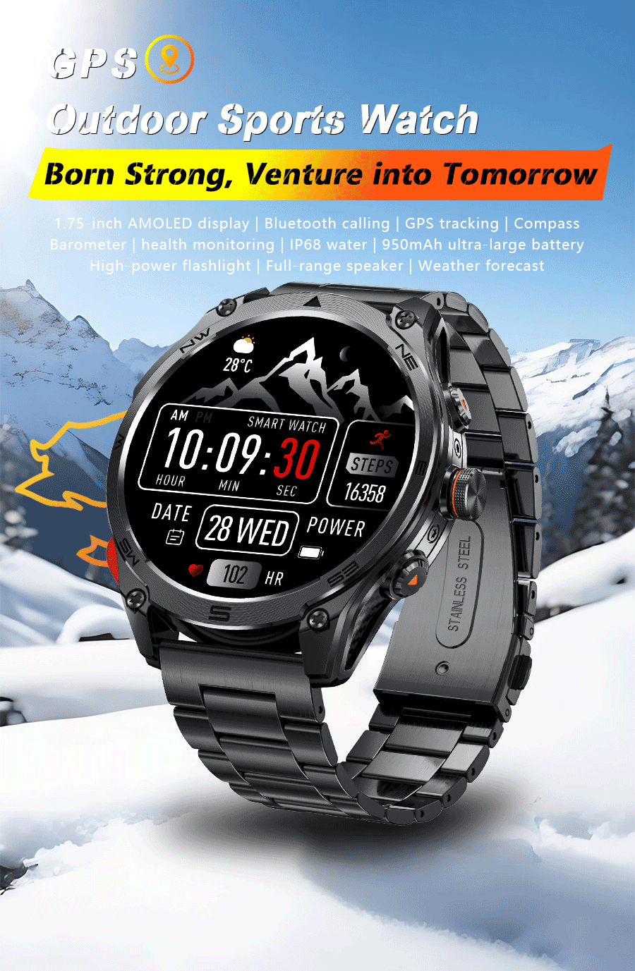 2025 New GPS SmartWatch 1000Mah Battery Compass 10ATM Waterproof Tactics Sport Flashlight BT call Smart Watch For Men For xioami