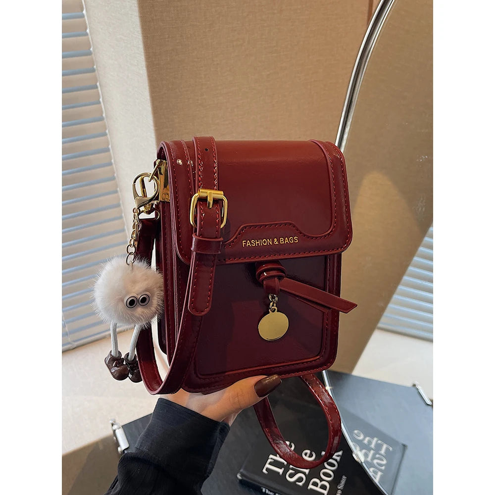 Women's Burgundy Crossbody Bag 2025 Fashion New PU Leather Square Texture Glossy Shoulder Packs Versatile Phone Lipstick Bags