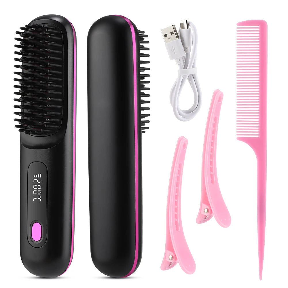 NEW Electric Ceramic Heating Straight Hair Comb Wireless Portable Negative Ion Styling Tool Rechargeable USB Straightening Brush