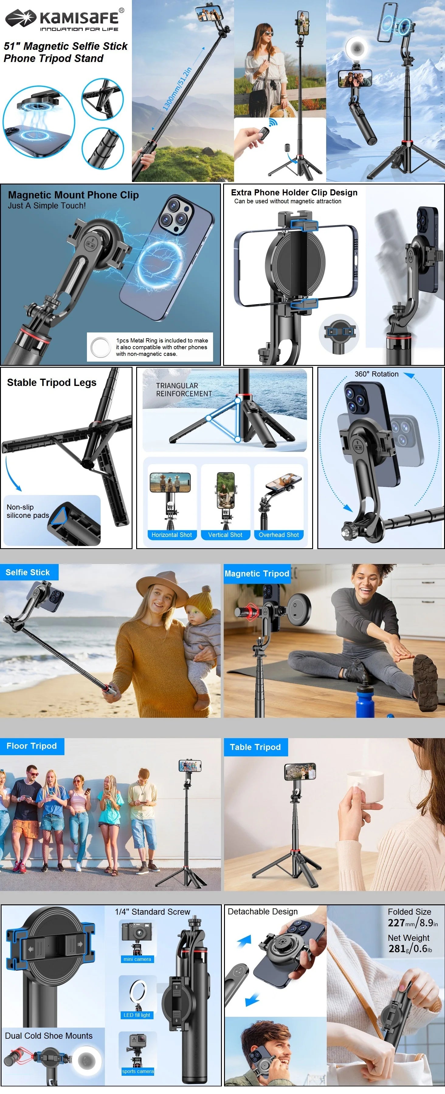 Magnetic Selfie Stick Tripod for iPhone, 51" Phone Tripod Stand Compatible with Magsafe Travel Tripod for iPhone Android Phones