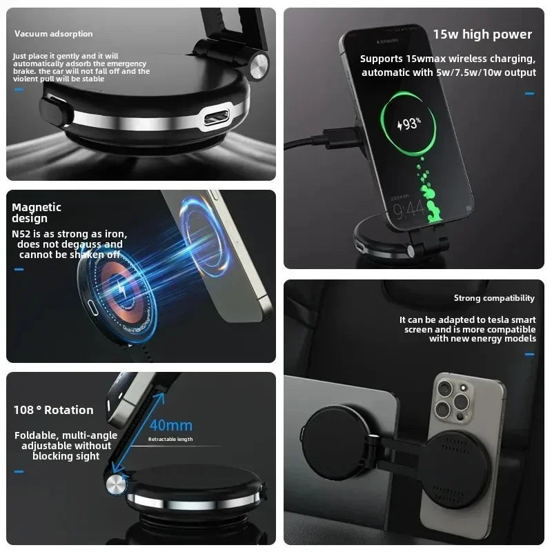 Magnetic Car Mount Strong Magnet 15W Wireless Charging Phone Holder Fast Car Charger for iPhone 12 13 14 15 Smartphone Stand