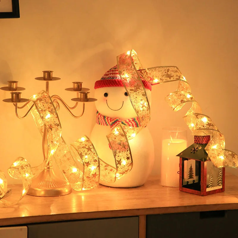 Christmas Ribbon Fairy Light Christmas Decoration DIY Bows String Light Tree Ornaments For Home 2024 Xmas Decor New Year Navidad