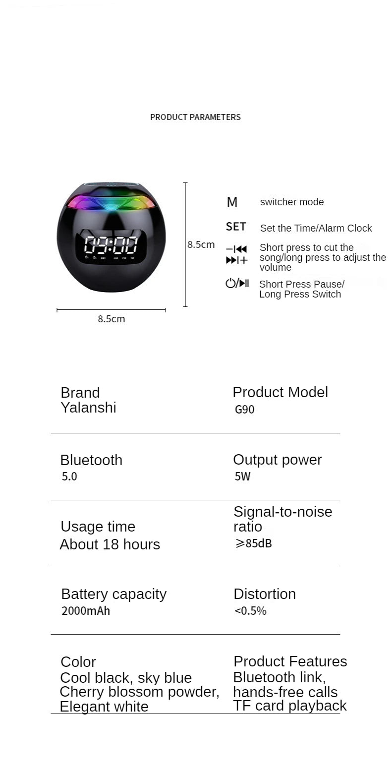 G90 New Clock Colorful Bluetooth Speaker Mini Portable Household Ball Card Lock and Load Spray Bluetooth Speaker