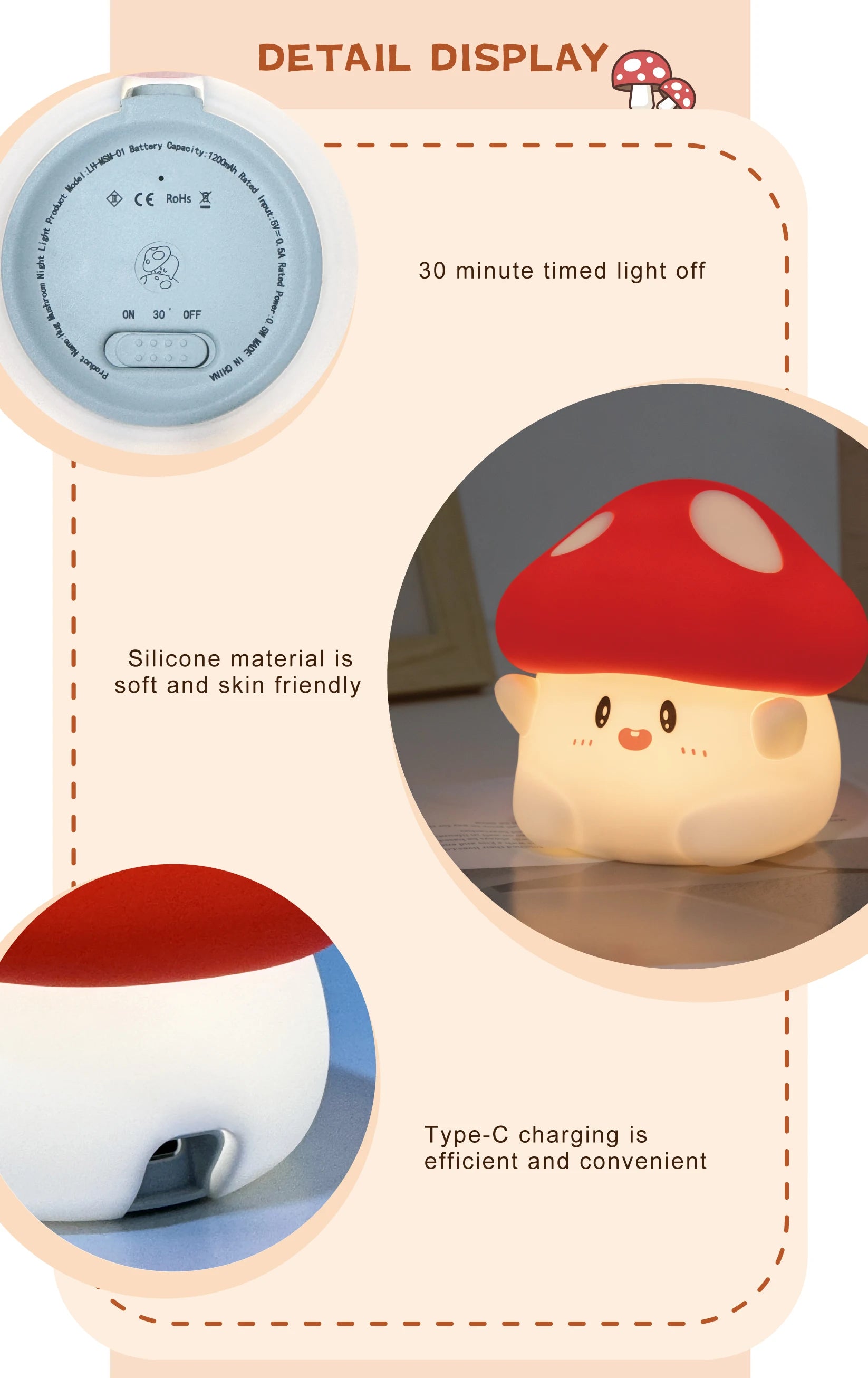 Mushroom Night Light LED Rechargeable USB Table Lamp Desk Room Decoration Baby Nursery Kids Birthday Gift Animal Pumpkin Lantern