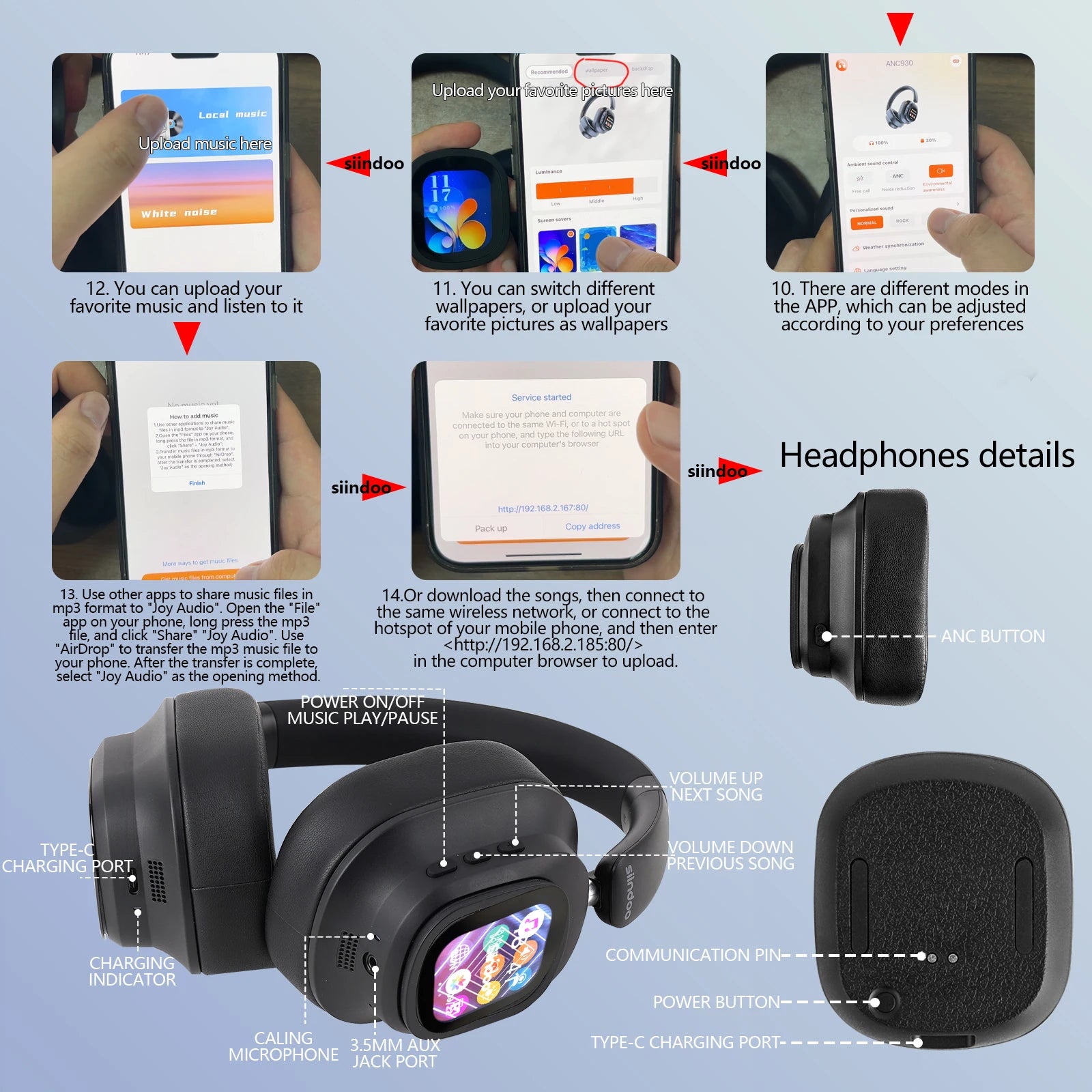 Siindoo JH-ANC930Plus Active Noise Cancelling Headphones, Hybrid Wireless Headphone With Multi Magnetic Touch Control LED Screen