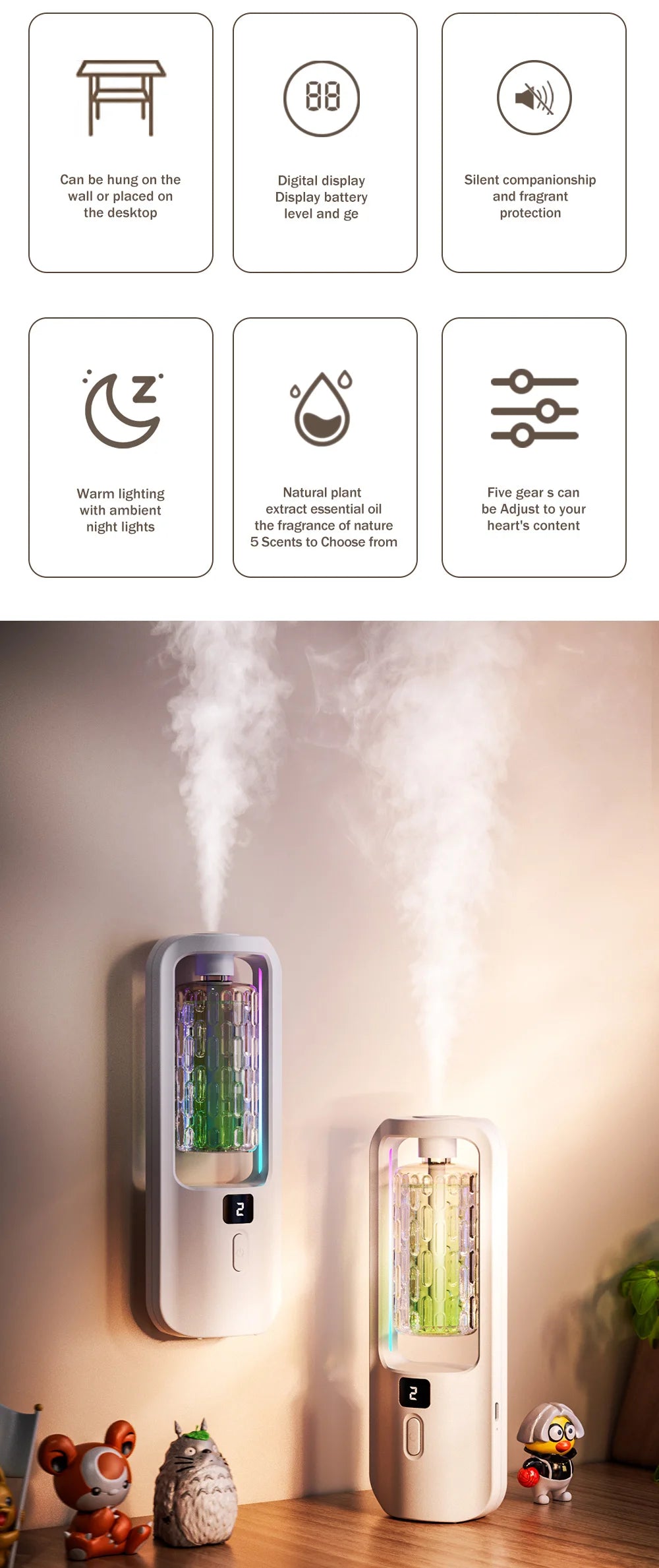 Automatic aromatherapy diffuser for eliminating odors, suitable for household use, with essential oil for air freshening.