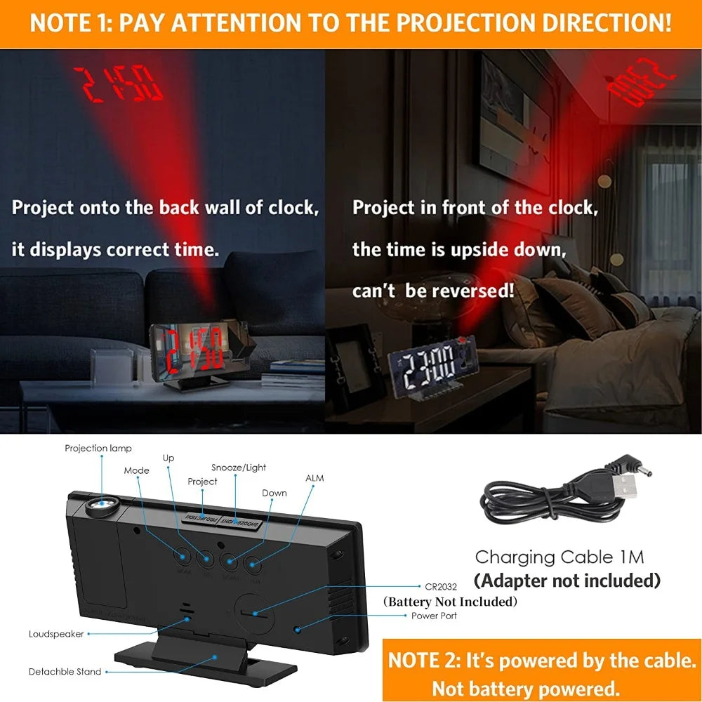 c180° Arm Projection Alarm Clock Time Temperature USB Plug-in Digital Alarm Clock Snooze Table Clock 12/24H Projector LED Clok