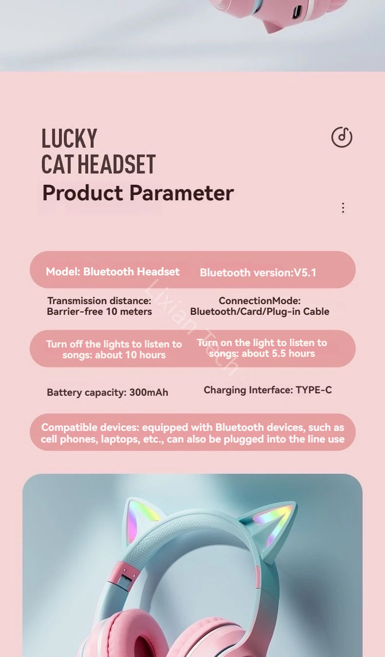 Flash Light Pink Cute Cat Ear Headphones Wireless Bluetooth Earphone Over-ear Noise Cancelling Folding Headset Girl Gift Earbuds