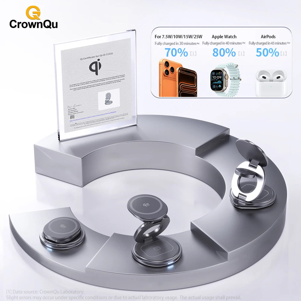 Qi2.2 3-in-1 Metal Magnetic Wireless Charger 25W Fast Charging Station 360° Rotation Foldable for iPhone 17 16 15 Watch Airpods