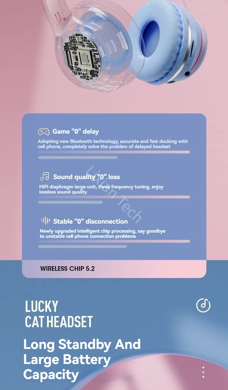 Flash Light Pink Cute Cat Ear Headphones Wireless Bluetooth Earphone Over-ear Noise Cancelling Folding Headset Girl Gift Earbuds