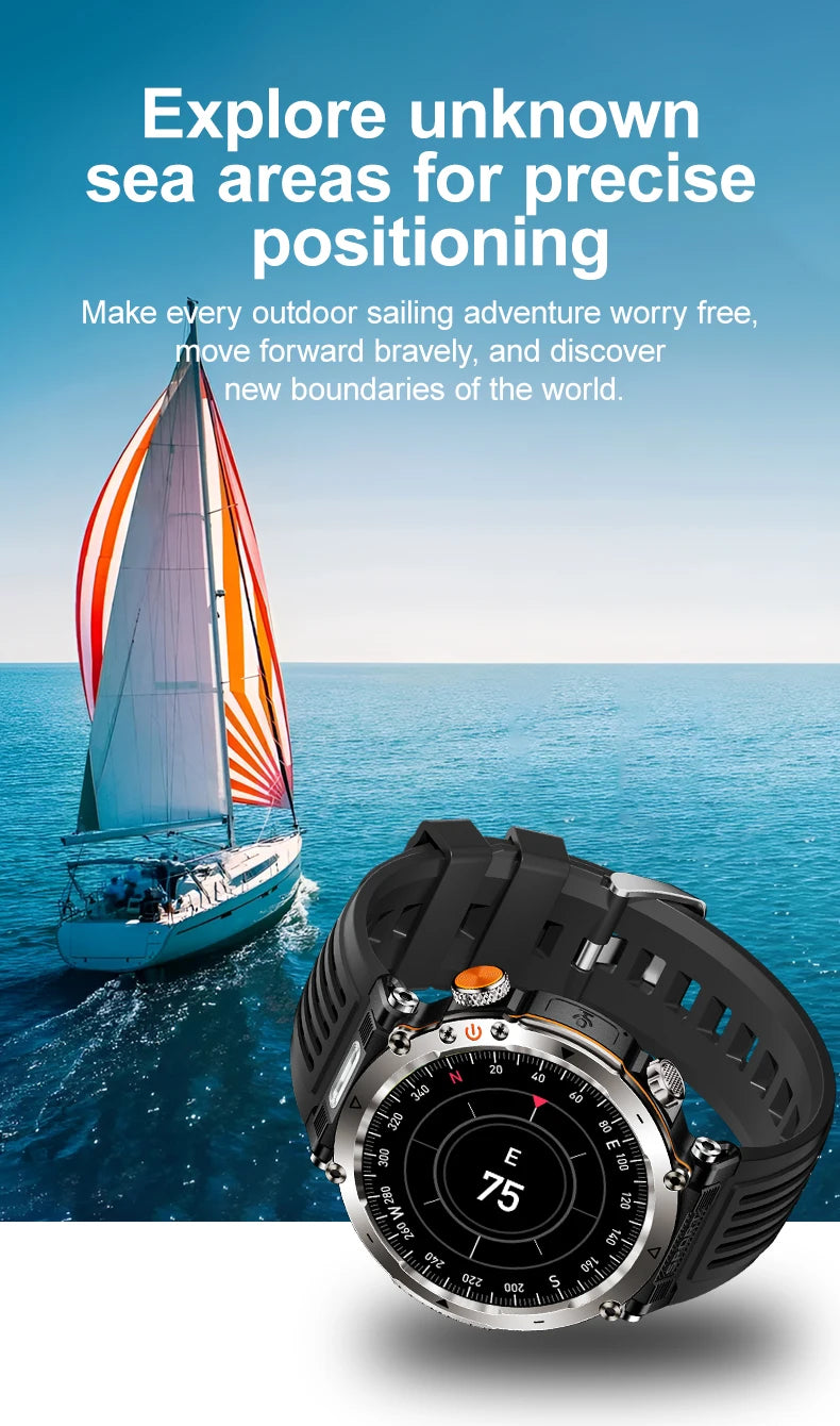 5ATM Outdoor Smart Watch Men 600mAh LED Flashlight SmartWatch Compass Bluetooth call Heart rate IP 68 Sports Smartwatch 2025 New