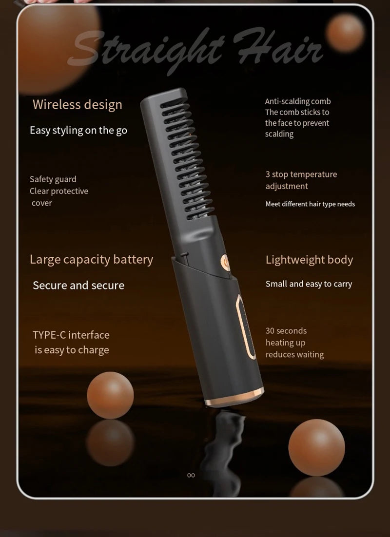 Portable Wireless Electric Hair Brush Heating Hair Straightener  2 IN 1 Home Travel Womem Anti-scalding Hair Straight Curly Comb