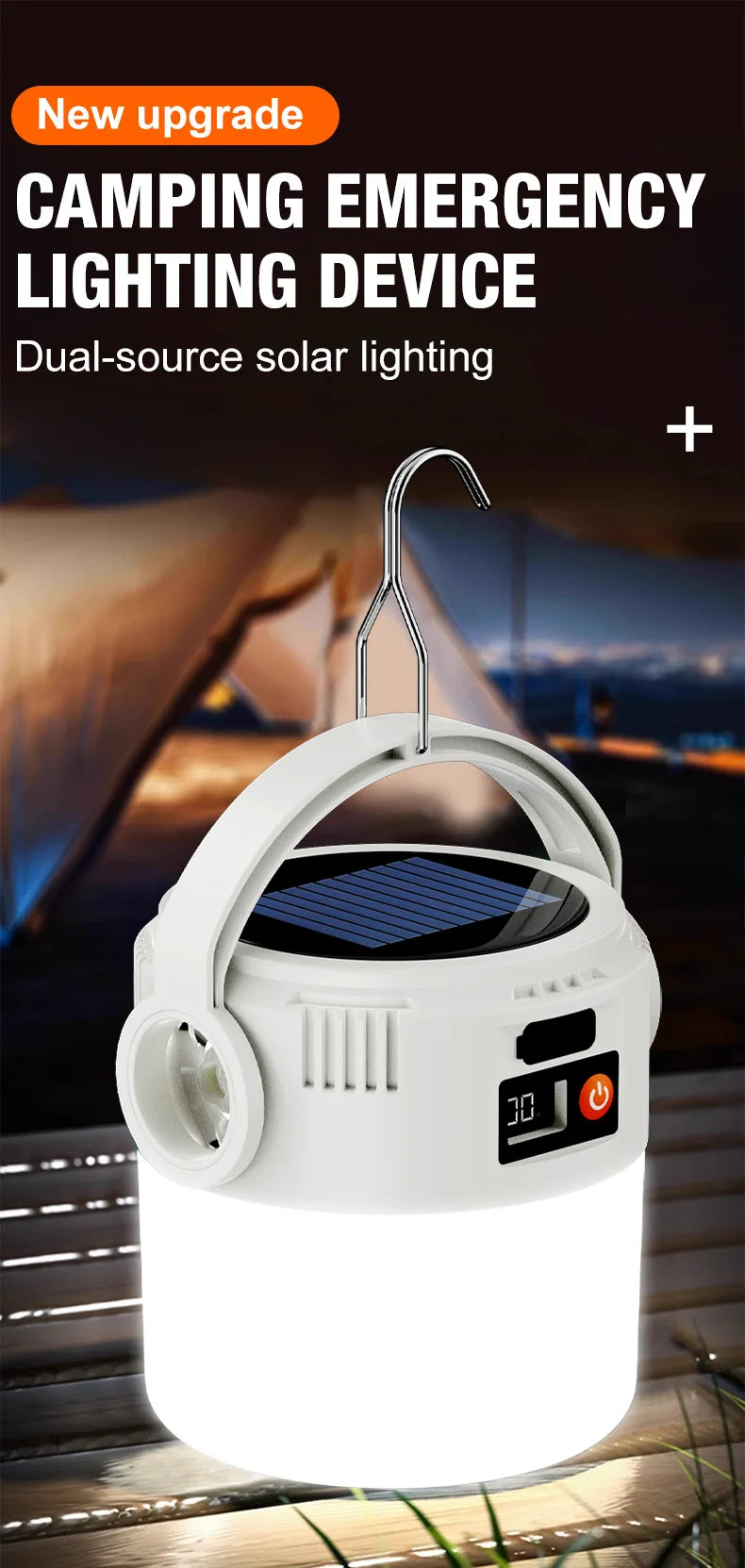 Solar LED outdoor camping lamp portable lamp configuration hook supports TYPE-C charging.