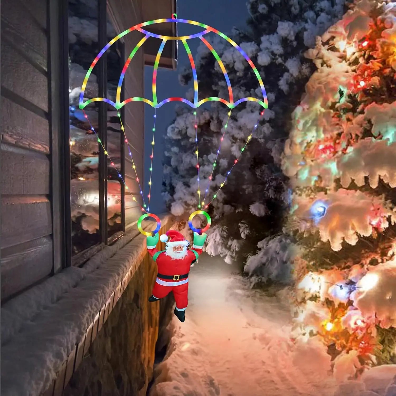 Christmas Decorations Lights Outdoor 2.8ft USB LED Christmas Parachute Light with Santa Claus for Roof Eave Balcony Garden Decor