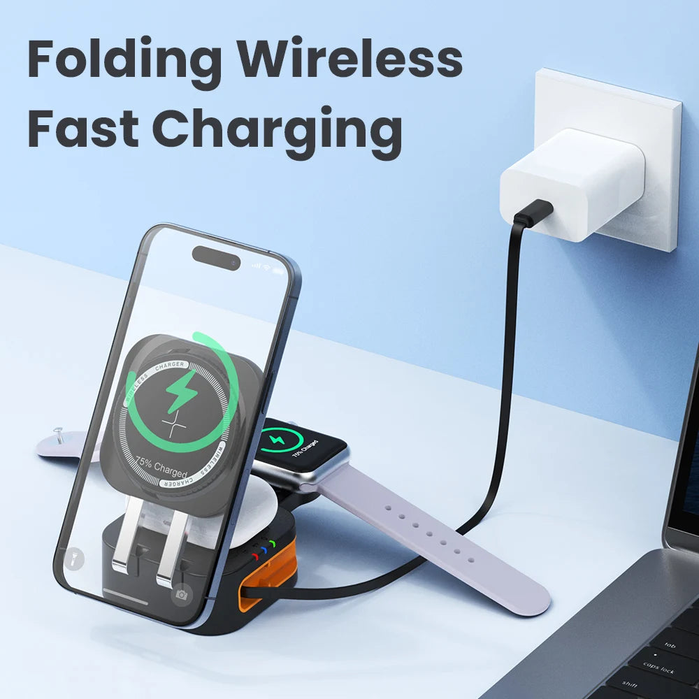3-in-1 Portable 15W Wireless Charging Cradle with Retractable Cable Magasafe Magnetic Fast Charging Unit