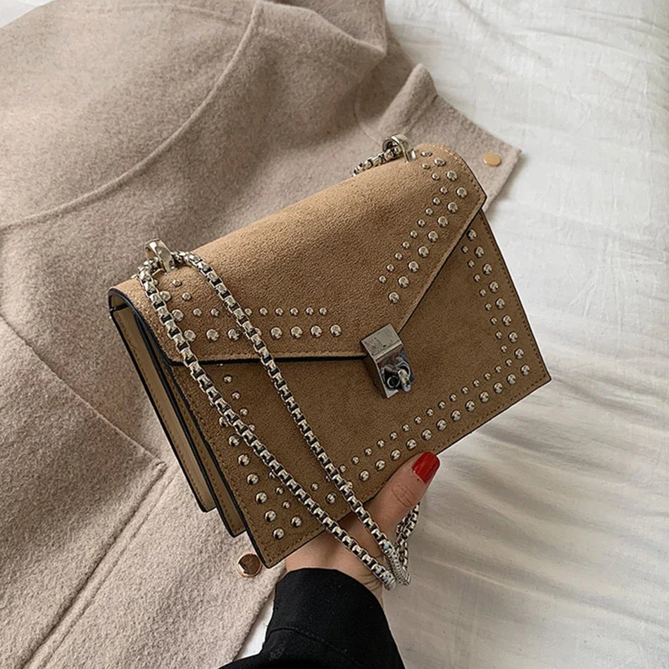 Scrub Leather Brand Designer Shoulder Simple Bags For Women Chain Rivet Luxury Crossbody Bag Female Fashion Small Handbags