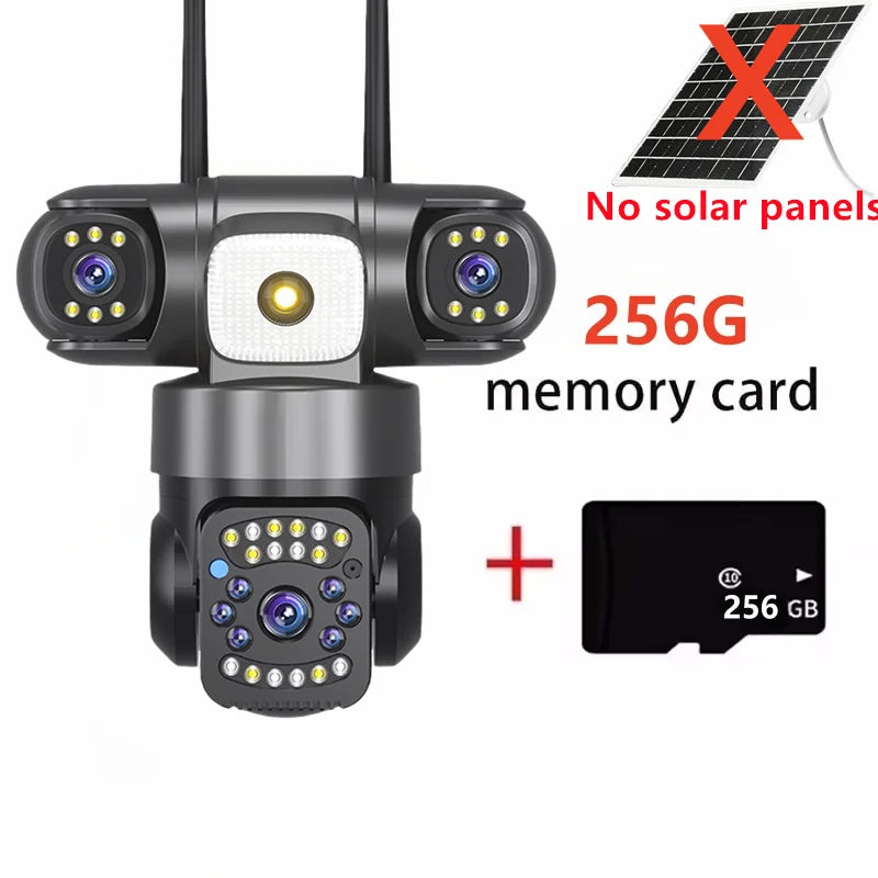 WiFi Solar Camera Three Lenses Outdoor 15MP 8K HD Low Power Battery IP Camera PIR Night Vision V380 Pro CCTV Security Protection