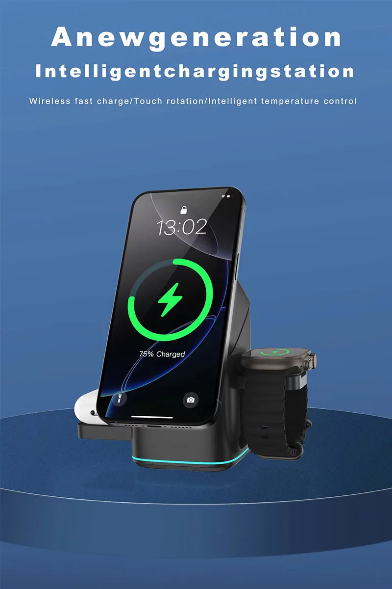 2025 Newest Universal Magnetic Charging Stand 30W Cube Rotational 3 in 1 Touch Auto Rotation Wireless Charger With Light