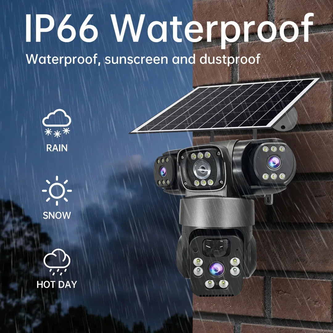 WiFi Solar Camera Three Lenses Outdoor 15MP 8K HD Low Power Battery IP Camera PIR Night Vision V380 Pro CCTV Security Protection