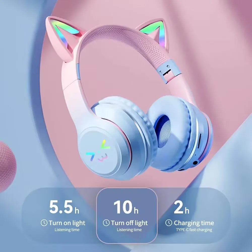 Flash Light Pink Cute Cat Ear Headphones Wireless Bluetooth Earphone Over-ear Noise Cancelling Folding Headset Girl Gift Earbuds