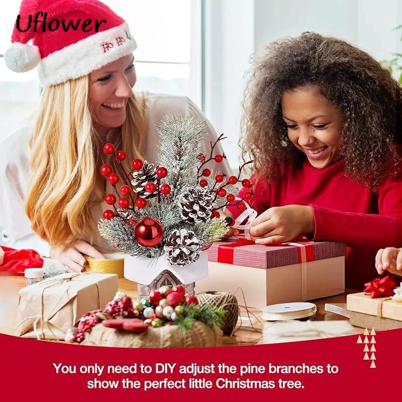 30cm Mini Christams Tree Artificial Plants PE Flocking Pinecone Pine Branch Home Window Decoration Desktop Decor Christmas Gift