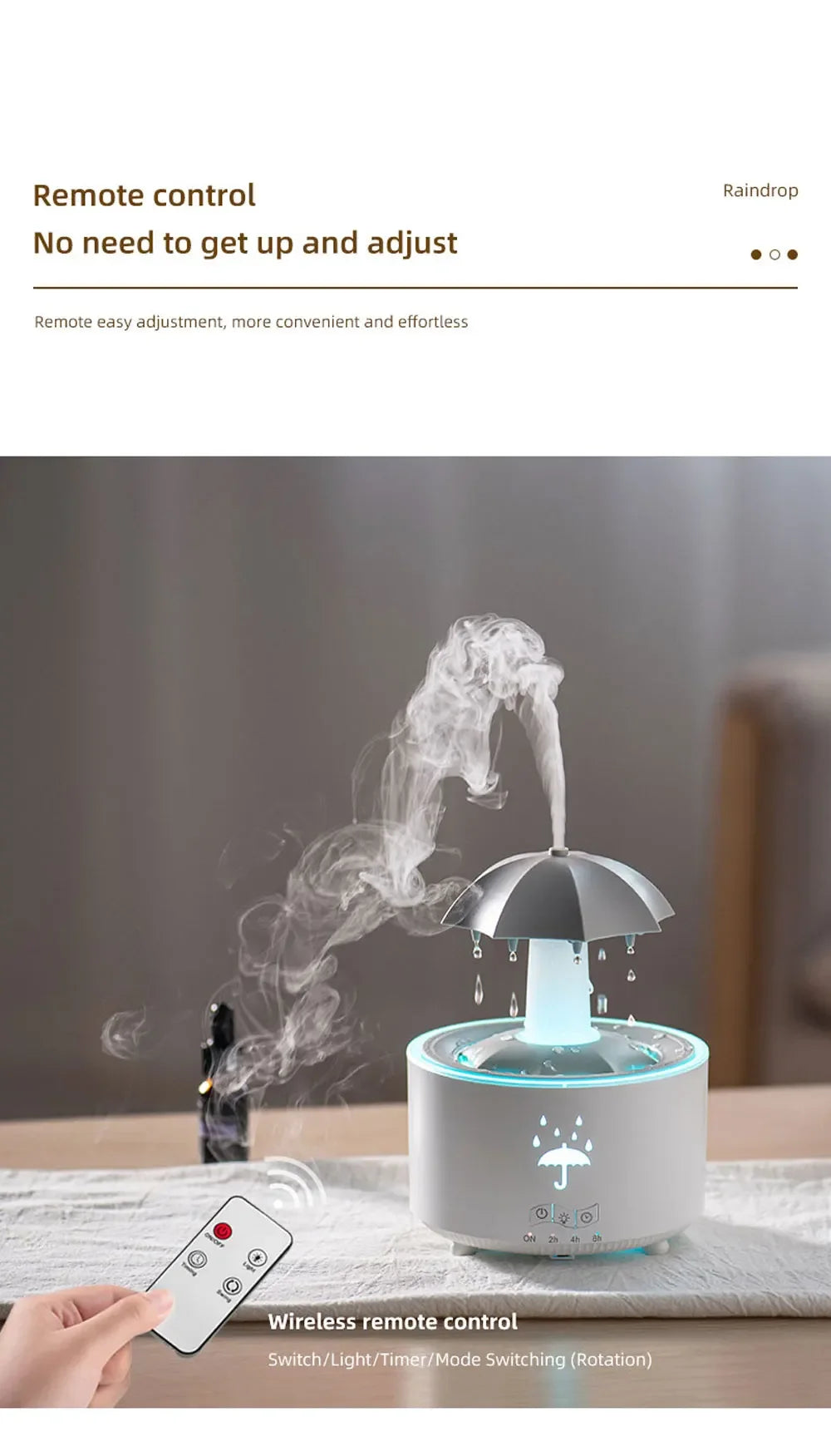 Cloud Rain Rotating Umbrella Water Drop Aromatherapy Machine Air Humidifier Diffuser Fountain Water Drop 7-Color LED Night Light