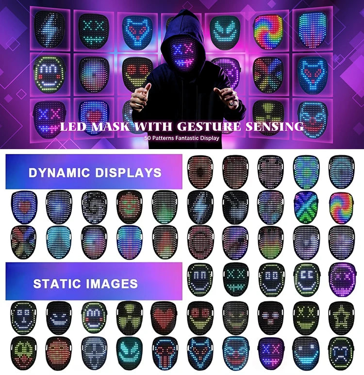 LED Mask with Gesture Sensing, Light up Mask with Face Transforming, Cool Halloween Mask for Men Women Costume Cosplay Party