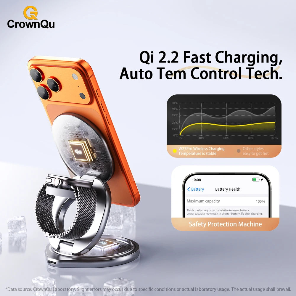 Qi2.2 3-in-1 Metal Magnetic Wireless Charger 25W Fast Charging Station 360° Rotation Foldable for iPhone 17 16 15 Watch Airpods