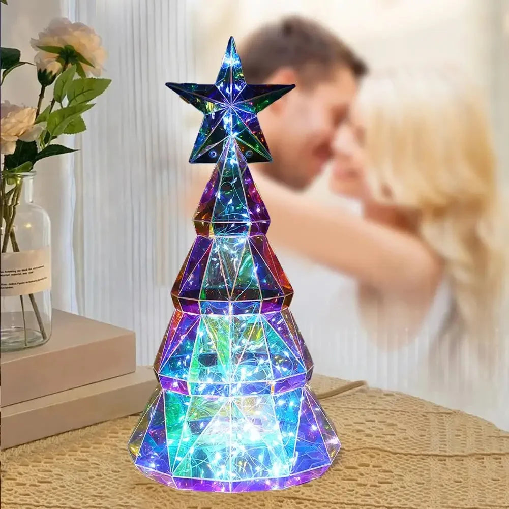 Christmas Light Ornament USB Powered Colorful Xmas Tree Figurine with Star Handmade Tabletop Centerpiece for Christmas