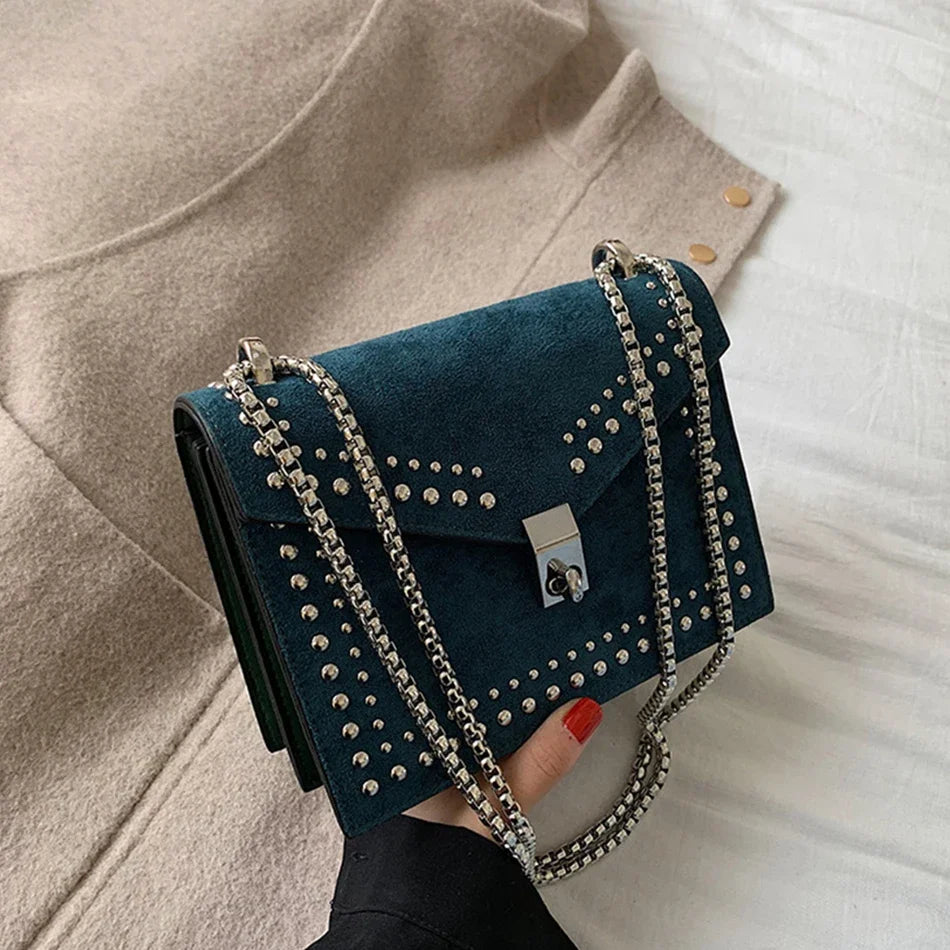 Scrub Leather Brand Designer Shoulder Simple Bags For Women Chain Rivet Luxury Crossbody Bag Female Fashion Small Handbags