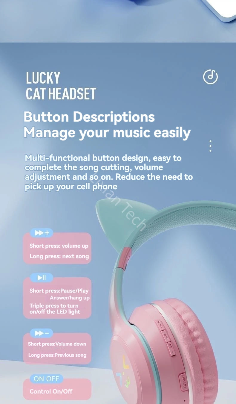 Flash Light Pink Cute Cat Ear Headphones Wireless Bluetooth Earphone Over-ear Noise Cancelling Folding Headset Girl Gift Earbuds