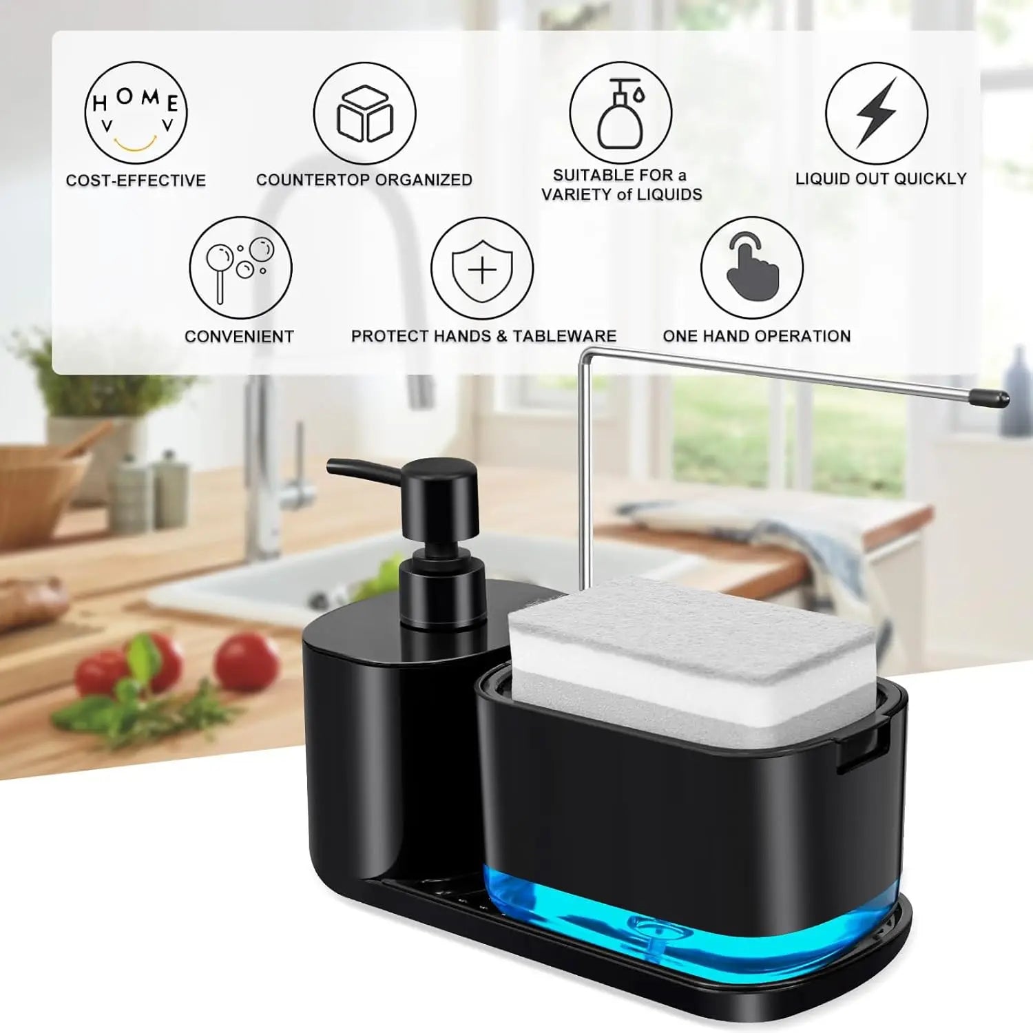 Kitchen Soap Dispenser Set, Kitchen Sink Soap Dispenser, Dish Soap Dispenser with Sponge Rack, Rag Rack and Tray, 4-in-1 Storage