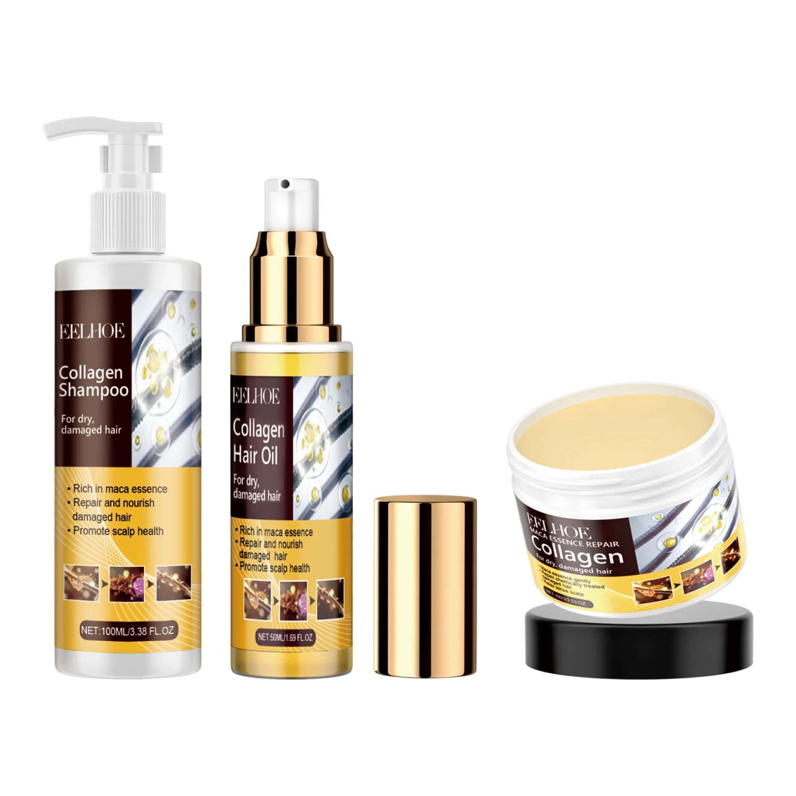Collagen Shampoo&Mask&Essential Oil Hair Care Set Nourishing Repairing Damaged Dry Frizzy Split Hair Smoothing Shiny Hair Care