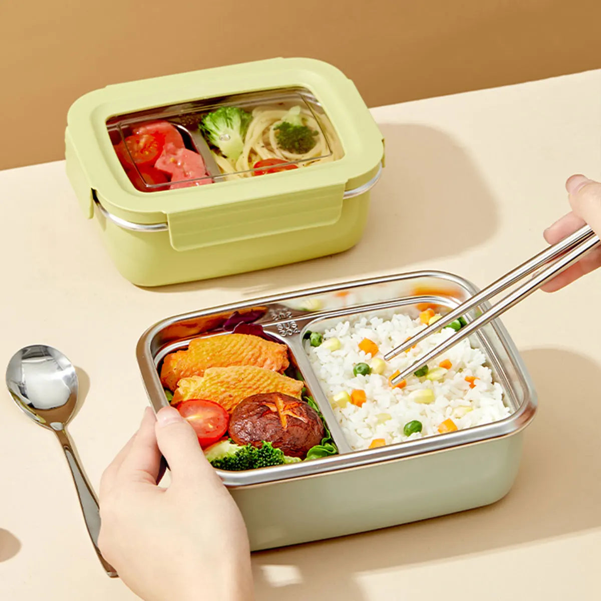 Microwave 304 Stainless Steel Compartment Lunch Box Stackable Leak-proof Student Bento Box Food Container For Cold And Hot Food