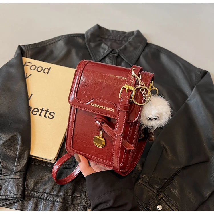 Women's Burgundy Crossbody Bag 2025 Fashion New PU Leather Square Texture Glossy Shoulder Packs Versatile Phone Lipstick Bags