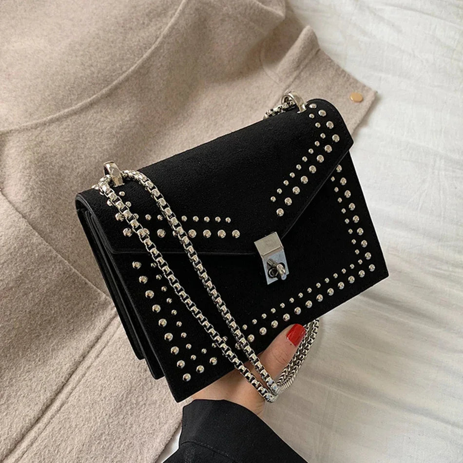 Scrub Leather Brand Designer Shoulder Simple Bags For Women Chain Rivet Luxury Crossbody Bag Female Fashion Small Handbags