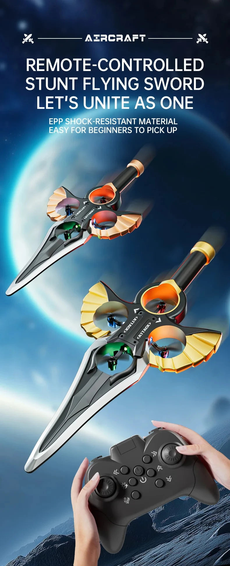 RC Flying Sword Glider Drone with Hand Wave & Controller Mode, 3-Speed Stunt Plane for Kids,Teens & Adults,LED Lights,Aerial Fun