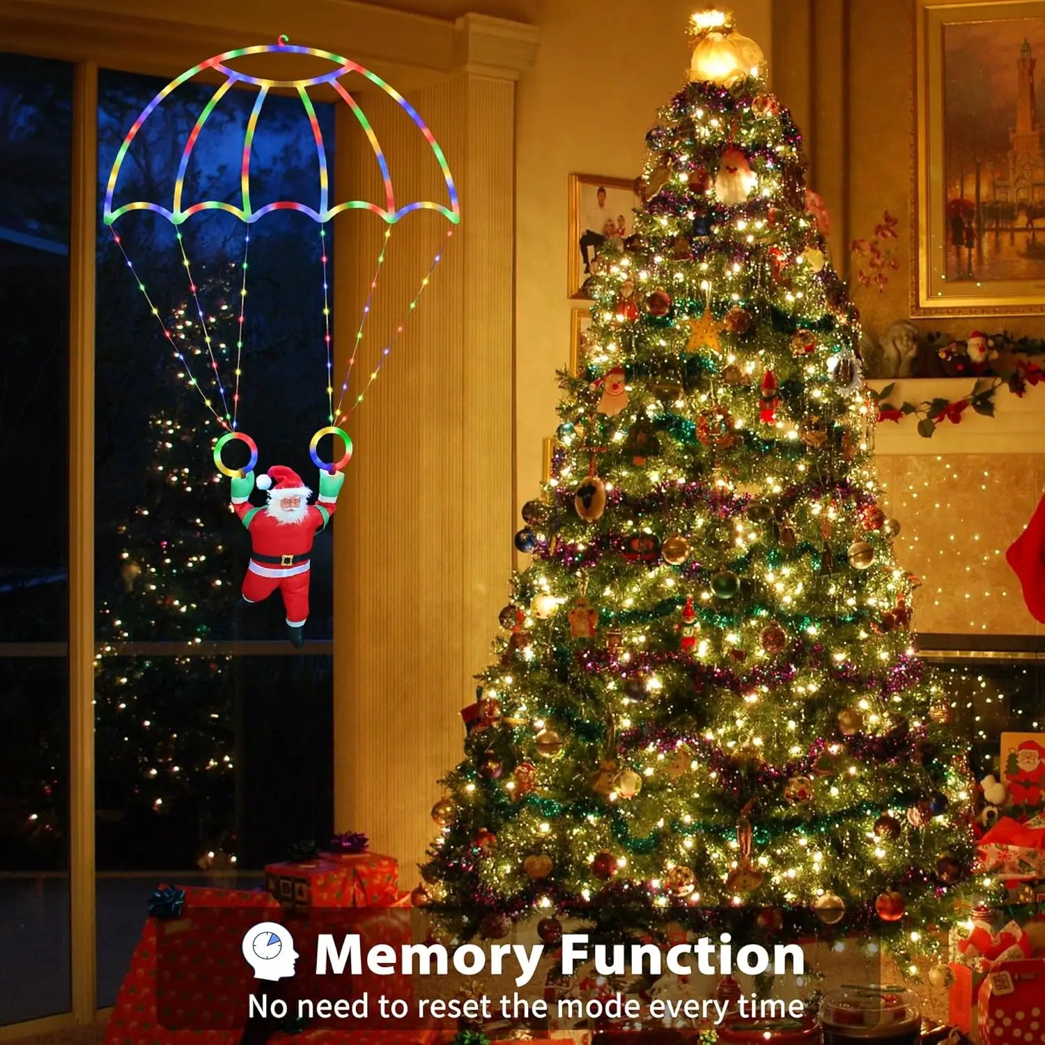 Christmas Decorations Lights Outdoor 2.8ft USB LED Christmas Parachute Light with Santa Claus for Roof Eave Balcony Garden Decor