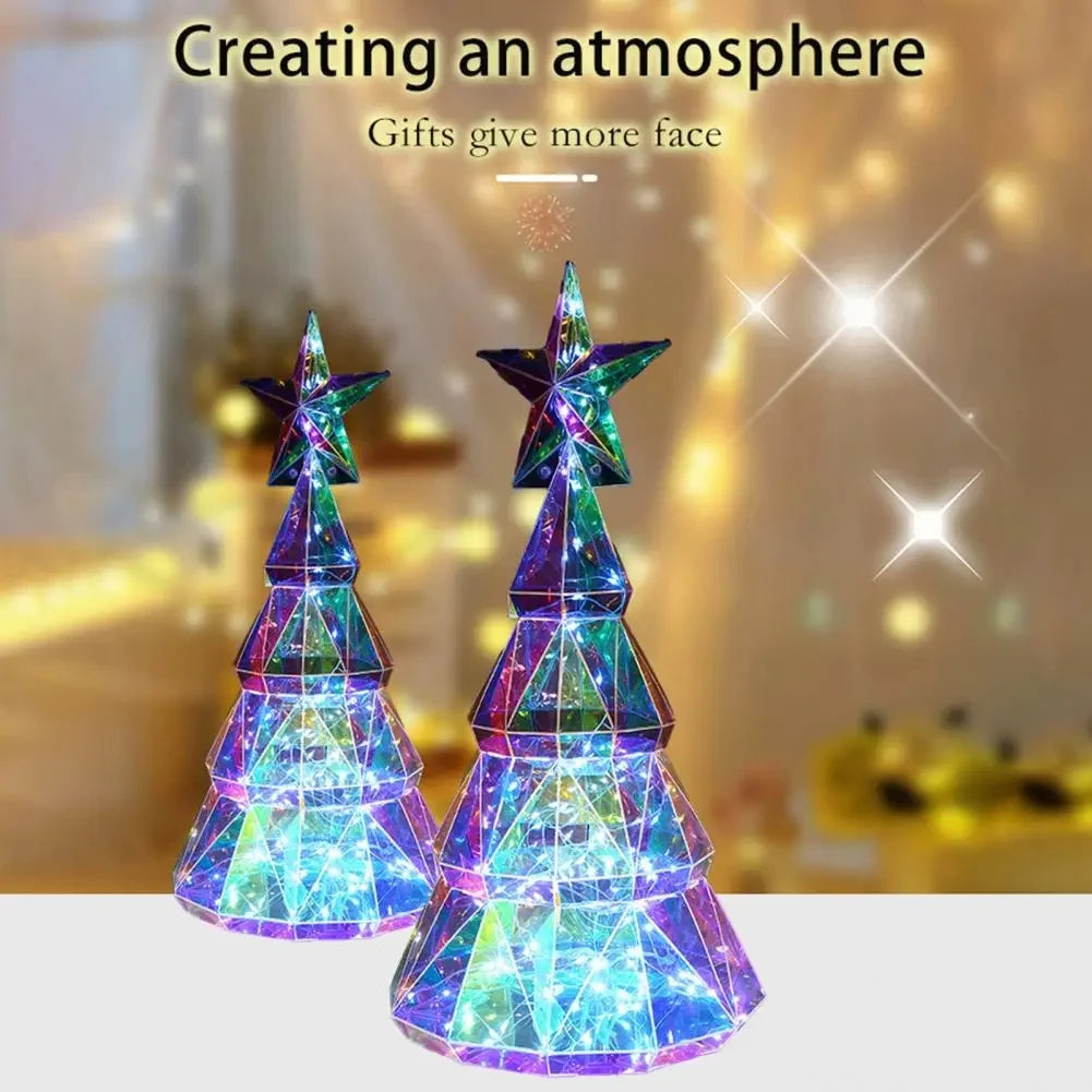 Christmas Light Ornament USB Powered Colorful Xmas Tree Figurine with Star Handmade Tabletop Centerpiece for Christmas