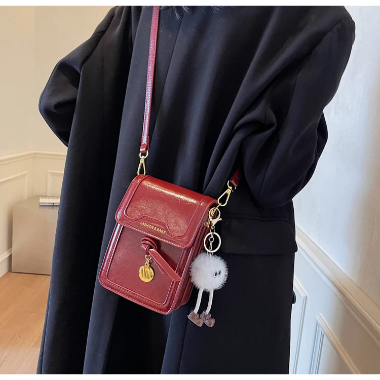 Women's Burgundy Crossbody Bag 2025 Fashion New PU Leather Square Texture Glossy Shoulder Packs Versatile Phone Lipstick Bags