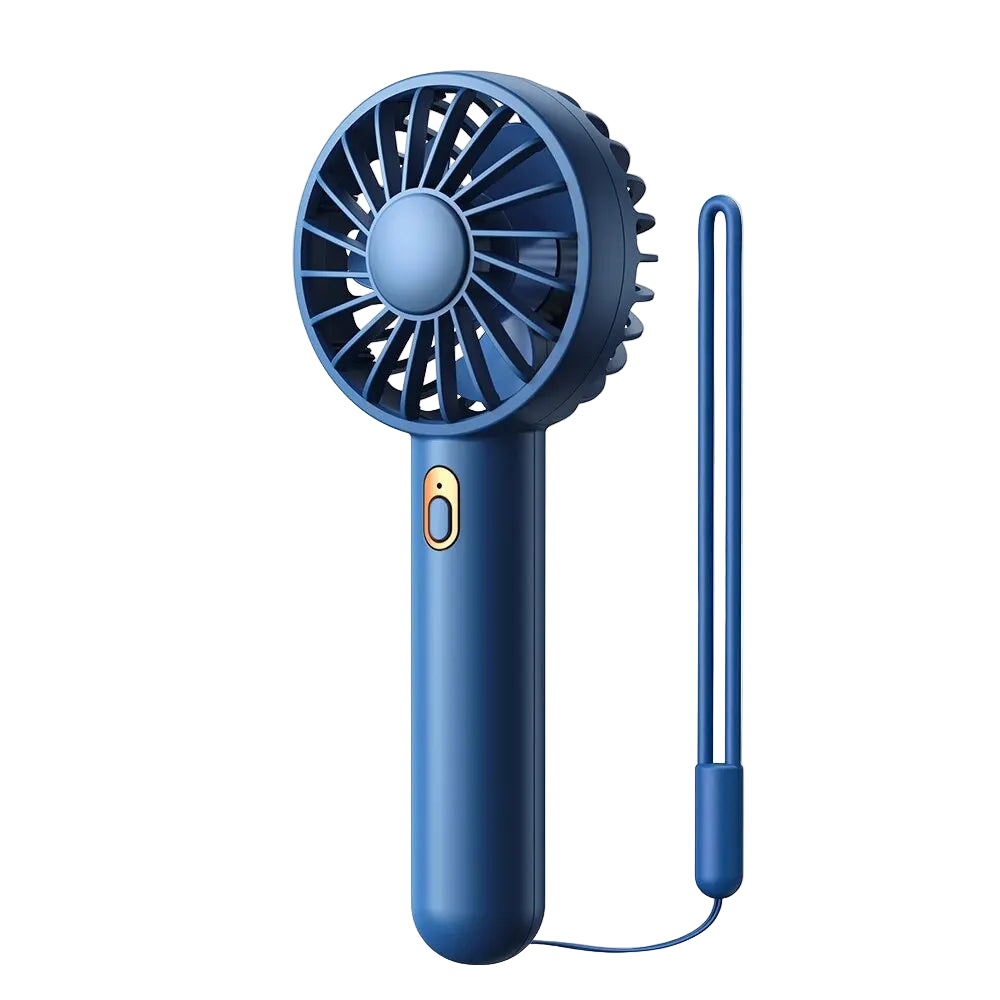 Blue handheld fan with a cord on a white background, featuring the TOPK brand.
