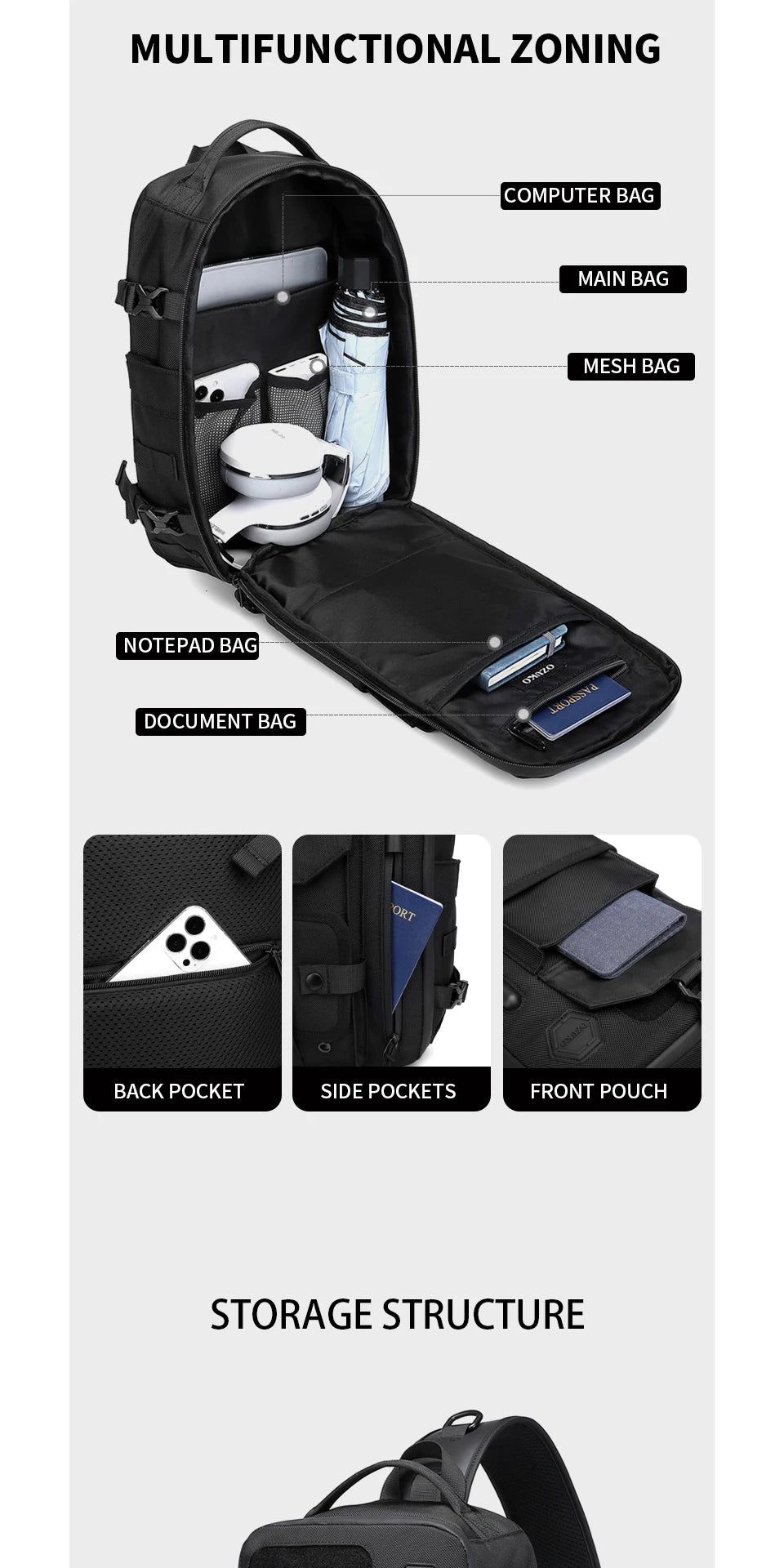 OZUKO Large Capacity Shoulder Bags for Male Waterproof Chest Bag Tactical Sling Messenger Bags Men Outdoor Sports Crossbody Bag