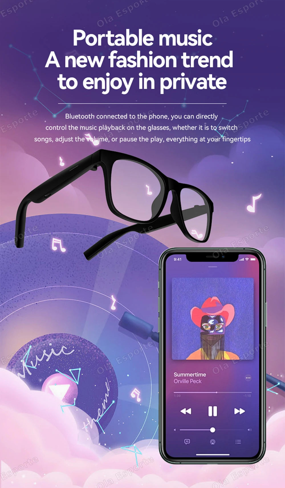 Ola Esporte New Smart Glasses Bluetooth Call Sunglasses Multi-functional Anti-Blue Light Sunglasses Wireless Headset Men Women