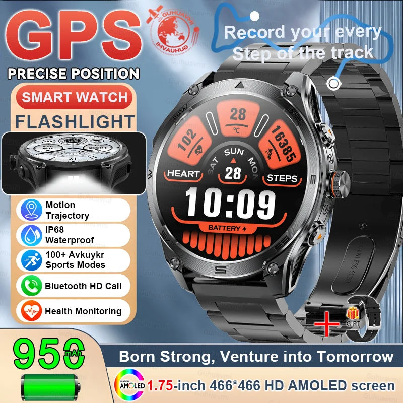 2025 New GPS SmartWatch 1000Mah Battery Compass 10ATM Waterproof Tactics Sport Flashlight BT call Smart Watch For Men For xioami
