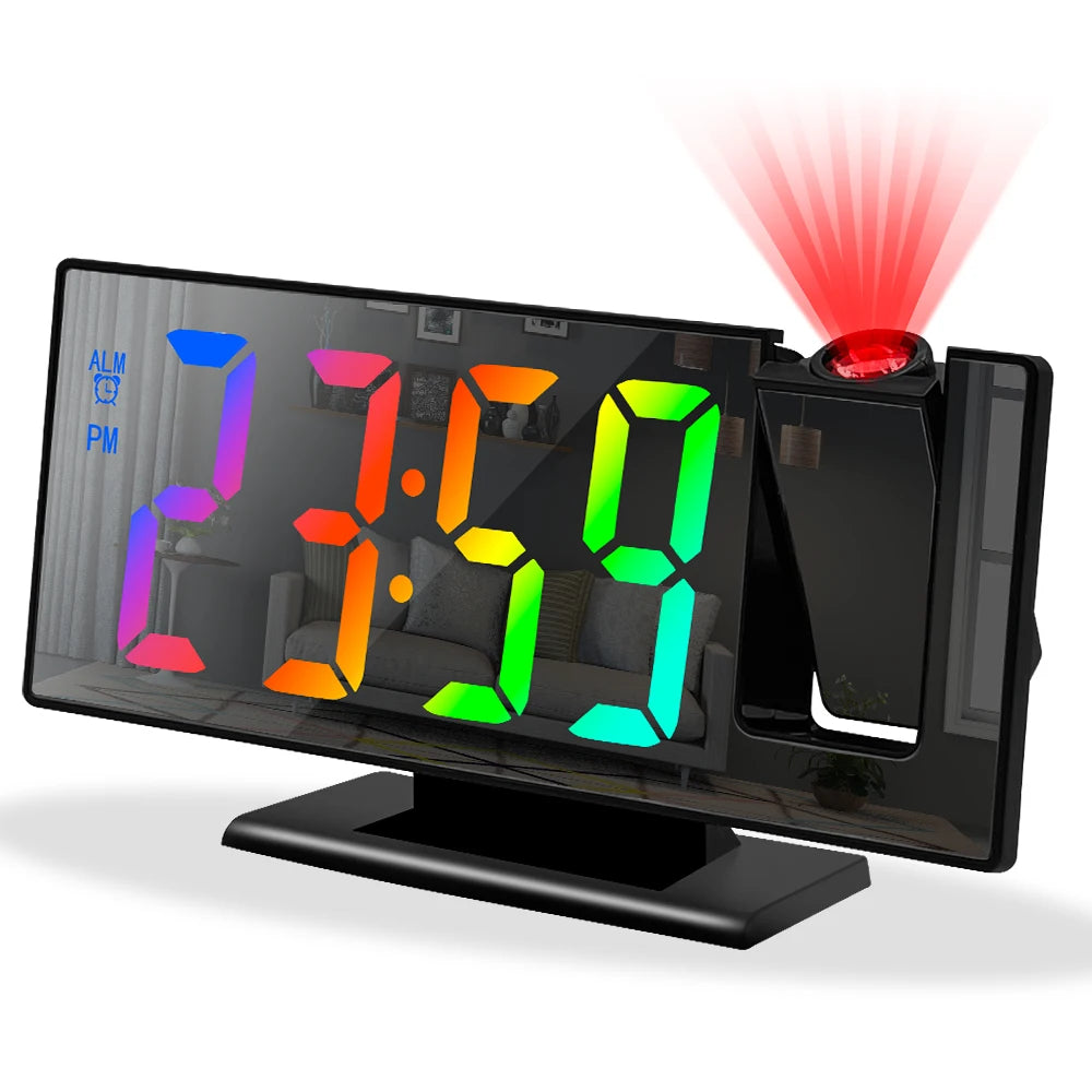 c180° Arm Projection Alarm Clock Time Temperature USB Plug-in Digital Alarm Clock Snooze Table Clock 12/24H Projector LED Clok
