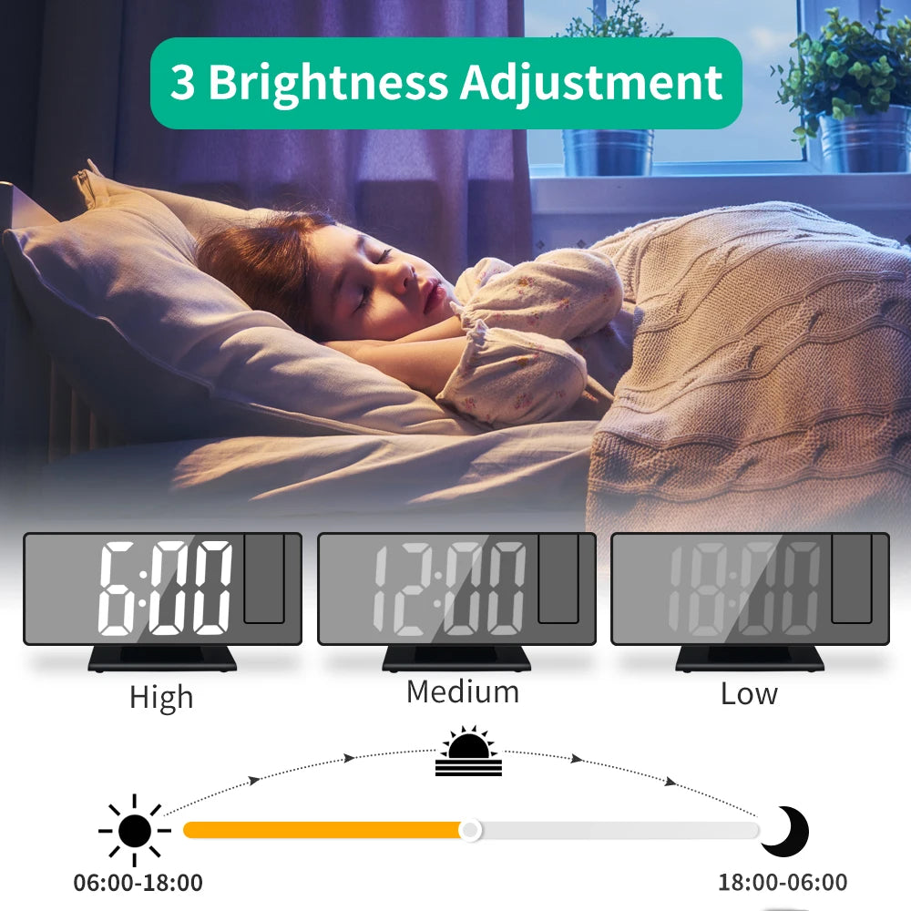 c180° Arm Projection Alarm Clock Time Temperature USB Plug-in Digital Alarm Clock Snooze Table Clock 12/24H Projector LED Clok