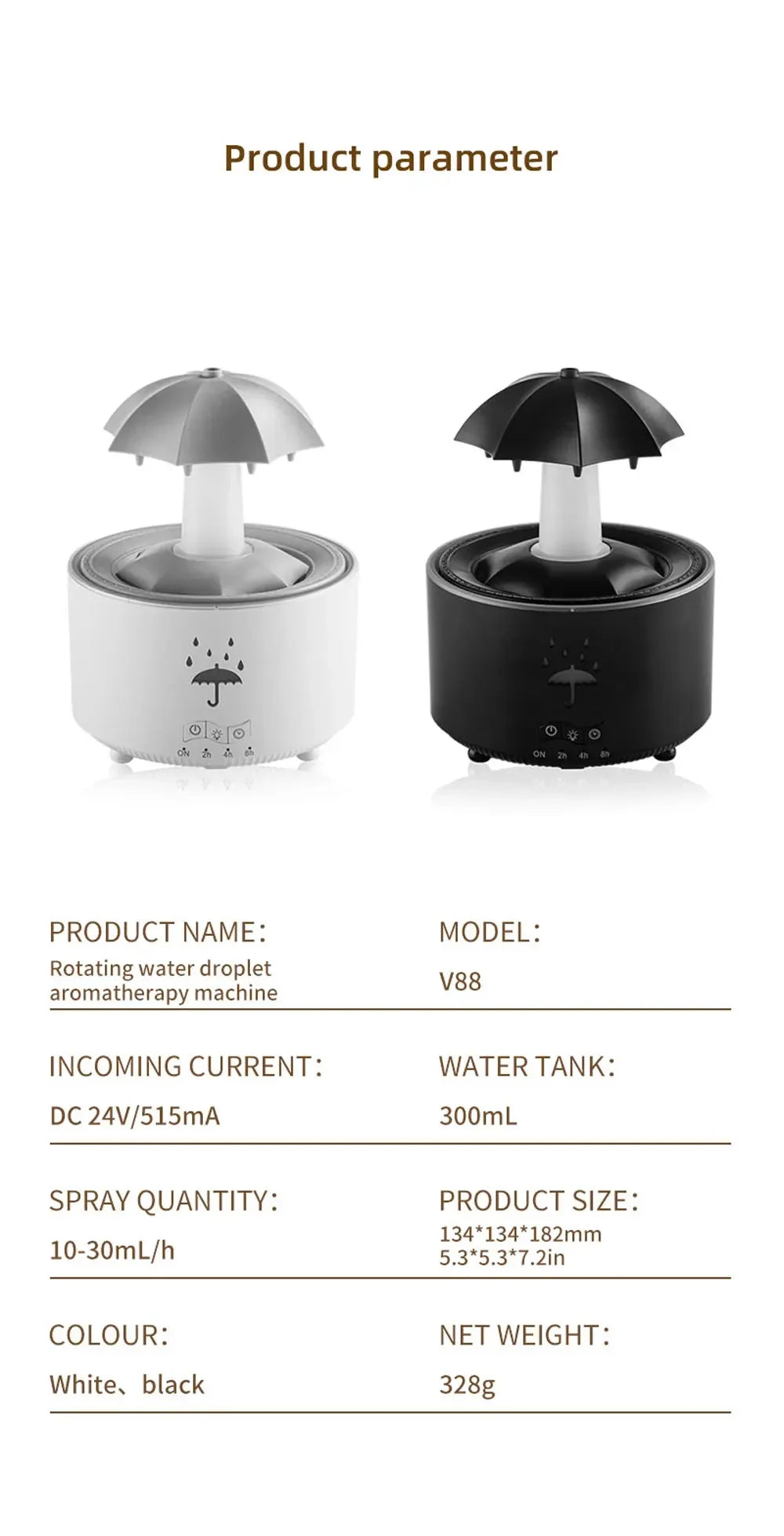 Cloud Rain Rotating Umbrella Water Drop Aromatherapy Machine Air Humidifier Diffuser Fountain Water Drop 7-Color LED Night Light