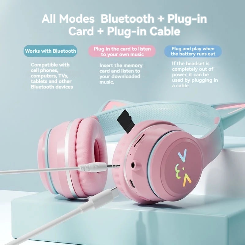 Flash Light Pink Cute Cat Ear Headphones Wireless Bluetooth Earphone Over-ear Noise Cancelling Folding Headset Girl Gift Earbuds