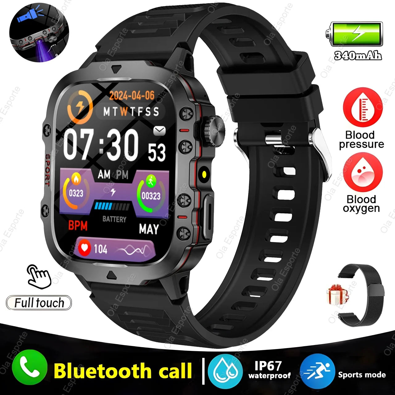 New Military GPS Smartwatch LED Flashlight Fitness IP68 Waterproof Outdoor Sports Tracker Bluetooth Calls Smart Watch Men Women