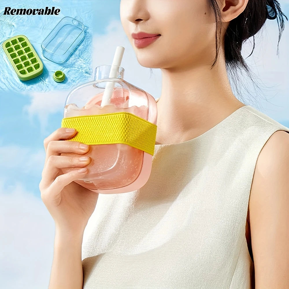 Silicone One-click Ice Mold Bottle Cooler Cup with Straw Ice Cube Tray with Lid for Freezer Creative NO TOUCH Mould for Summer